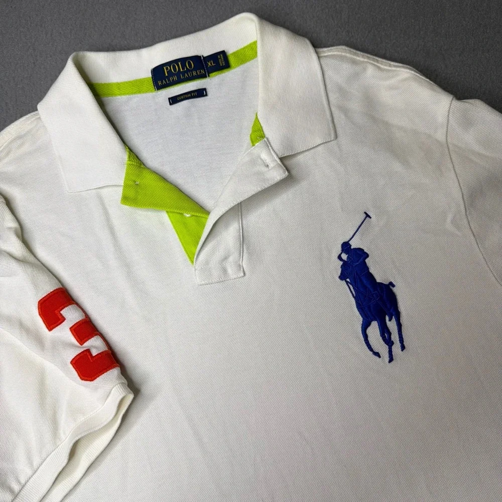 Polo Ralph Lauren Polo Shirt Mens XL White Big Pony Custom Fit Neon Trim 3 Patch